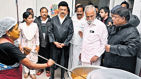 Chief Minister MK Stalin inspecting the  integrated kitchen at Suriyanarayanan Street, Royapuram, in Chennai on Saturday.