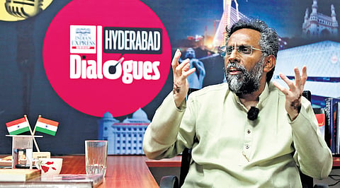 IIT-H director BS Murty gestures while speaking to TNIE team during a session of Hyderabad Dialogues 
