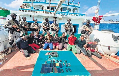 Pirates who were captured by the Indian Navy during the MV Ruen rescue operation.