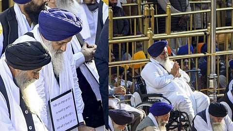 Sukhbir Singh Badal and other leaders of the previous SAD government during the hearing of the 'tankhaiya' (guilty of religious misconduct) case by the Akal Takht, in Amritsar, Monday, Dec. 2, 2024. 