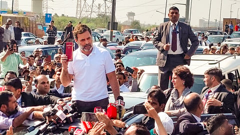 Leader of Opposition in the Lok Sabha Rahul Gandhi speaks to the media while being stopped at the Ghazipur border on his way to visit violence-hit Sambhal in Ghaziabad on Wednesday, Dec. 4, 2024. 