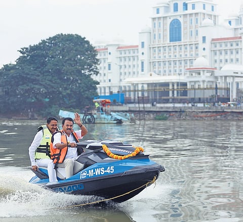 Tourism Minister Jupally Krishna Rao and TTDC chairman Patel Ramesh Reddy take a ride on a speedboat at Hussainsagar on Wednesday 