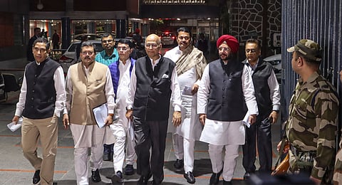 A Congress delegation comprising Abhishek Manu Singhvi, Nana Patole, Pawan Khera, Gurdeep Sappal, and Praveen Chakravarty after a meeting with the Election Commission, at Nirvachan Sadan in New Delhi, Tuesday, Dec. 3, 2024. 