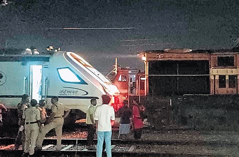 The Vande Bharat train being attached to a diesel engine before being taken to Shoranur railway station 