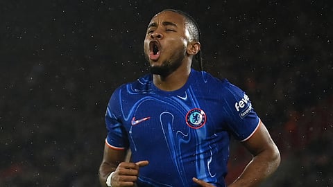 Chelsea's French striker Christopher Nkunku celebrates scoring the team's second goal during the EPL football match between Southampton and Chelsea at St Mary's Stadium in Southampton, southern England on December 4, 2024. 