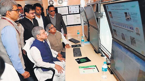 Union Minister for Railways Ashwini Vaishnaw inspects the integrated track monitoring system.