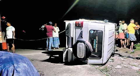 The vehicle that was overturned by the tusker at Thondiyalam near Gudalur in the early hours of Thursday