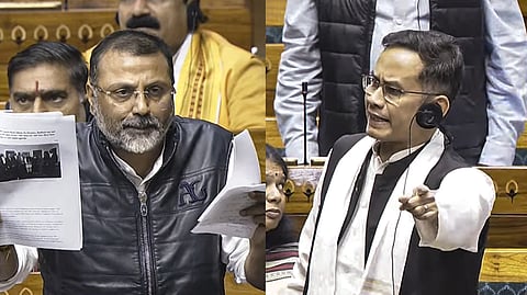 BJP MP Nishikant Dubey (L) and his Congress counterpart Gaurav Gogoi (R) speak during the winter session of the Parliament in the Lok Sabha on Thursday.
