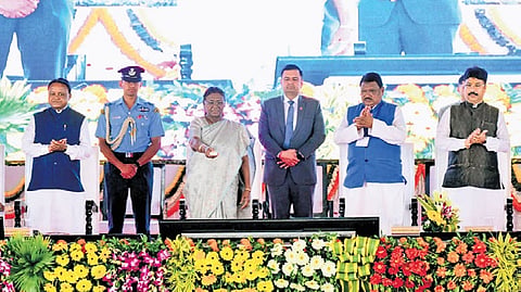 President Droupadi Murmu, CM Mohan Majhi, Union Railways minister Ashwini Vaishnaw and others at the foundation stone-laying event on Saturday