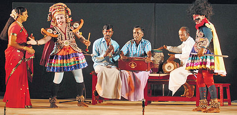 Therukoothu artistes performing at Natya Parampara Festival in Kancheepuram; (inset) Kalavai Kumarasamy Thambirar.