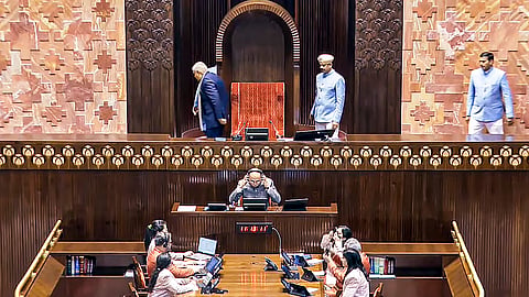 Rajya Sabha Chairman Jagdeep Dhankhar leaves after adjourning the House during the Winter session of Parliament, in New Delhi.