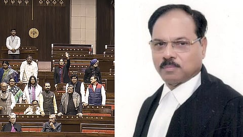 (L) Opposition MPs in the Rajya Sabha during the Winter session of Parliament (R) -Justice Shekhar Yadav 