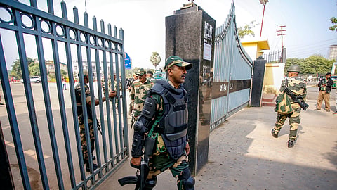 Security personnel keep vigil at the Integrated Check Post (ICP) at Akhaura along the India-Bangladesh border near Agartala, Wednesday, Dec. 11, 2024.