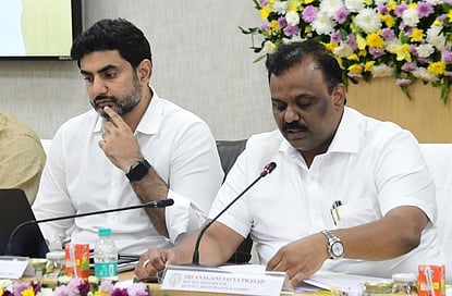 Revenue minister Anagani Satyaprasad and minister for IT Nara Lokesh during collectors conference at Secretariat on Wednesday. 