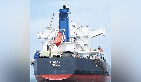 West-Africa bound cargo ship Stella L Panama which has been anchored at Kakinada Anchorage Port.