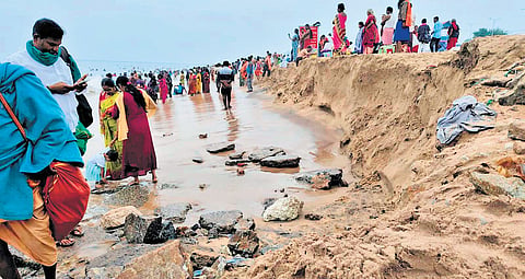 HR&CE dept has been constructing a shore protection sea wall around the Murugan temple on the eastern side to reduce the impact of waves on the temple