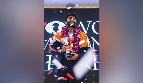 India's D Gukesh during the Closing Ceremony of the FIDE World Chess Championship 2024, in Singapore
