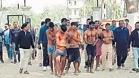 The workers being paraded in Sundargarh town