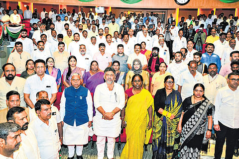 Deputy Chief Minister and KPCC president DK Shivakumar and other Congress functionaries at a preliminary meeting to discuss preparations for the centenary celebrations of the 1924 Belagavi Congress session, in Bengaluru on Saturday  