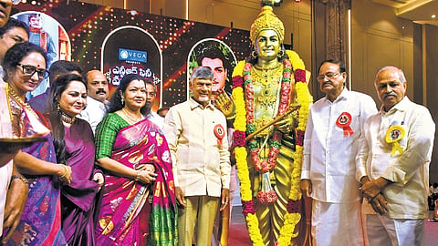 Chief Minister N Chandrababu Naidu and former Vice-President M Venkaiah Naidu take part in ‘NTR Cine Vajrotsavam’ in Vijayawada on Saturday 