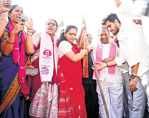 BRS MLC K Kavitha breaks the ground for the installation of a Telangana Talli 
statue in Jagtial town on Sunday.