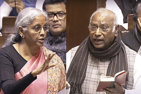Finance Minister Nirmala Sitharaman (L) LoP in the Rajya Sabha Mallikarjun Kharge (R)  speaks in the House during the Winter session of Parliament