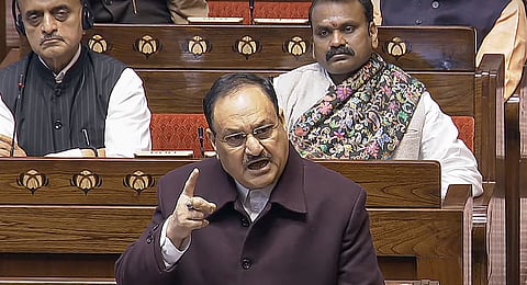 Union Health Minister JP Nadda speaks in the Rajya Sabha during the Winter session of Parliament, in New Delhi, Tuesday, Dec. 17, 2024. 