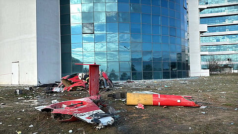 Image shows debris of a helicoper following a crash after it hit the fourth floor of a hospital during takeoff killing two pilots, a doctor and a worker on board, in Mugla, Turkey. 