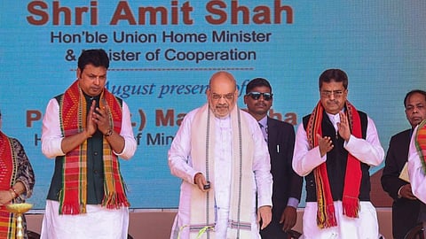 Union Home Minister Amit Shah, Tripura Chief Minister Manik Saha and BJP leader Biplab Kumar Deb during the inauguration and foundation stone laying ceremony of various development projects, at Ambassa