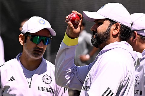Coach Gautam Gambhir and captain Rohit Sharma (r) during practice session in Melbourne