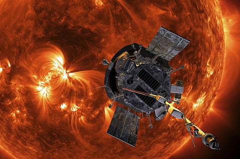 This image made available by NASA shows an artist’s rendering of the Parker Solar Probe approaching the Sun. It’s designed to take solar punishment like never before, thanks to its revolutionary heat shield that’s capable of withstanding 2,500 degrees Fahrenheit (1,370 degrees Celsius). 