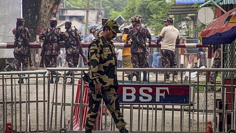 A Border Security Force  guard is seen at the India-Bangladesh border checkpost at Hili in Dakshin Dinajpur district.