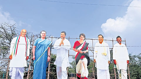 Large cutouts of senior Congress leaders erected in Belagavi, ahead of the CWC meeting, on Wednesday 
