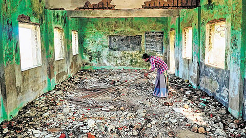 (Left) The remains of the damaged classroom on MGR Thittu; (top) The islanders now live on the mainland in Chidambaram 