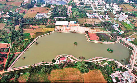 An aerial view of rejuvenated Yerappanahalli Lake in North Bengaluru 