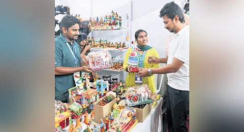 The exhibition features 110 stalls showcasing handicraft made by rural artisans from various states 