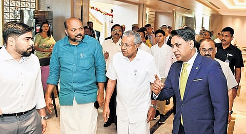 Chief Minister Pinarayi Vijayan, Industries Minister P Rajeeve and CIAL MD S Suhas at the 5-star hotel Taj Cochin International Airport in Kochi on Saturday 