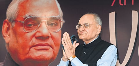 Journalist-turned-politician Balbir Punj greets the gathering at the 7th Atal Bihari Vajpayee memorial lecture in Bengaluru on Saturday 