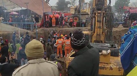 Rescue operation in Rajasthan's Kotputli-Behror district where a three-year-old girl fell into a borewell on December 23, 2024. 