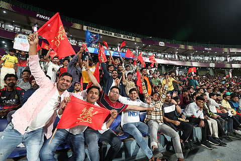 Crowd at the final of Women's Premier League final at the Arun Jaitley Stadium in Delhi between Royal Challengers Bengaluru and Delhi Capitals 