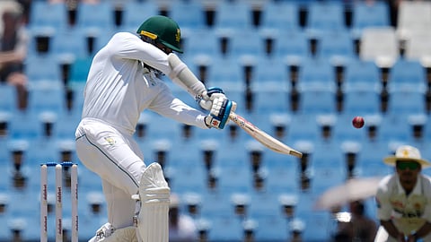 South Africa's Kagiso Rabada plays a shot during day four of the Test cricket match between South Africa and Pakistan at the Centurion Park in Centurion, South Africa, Sunday, Dec. 29, 2024. 
