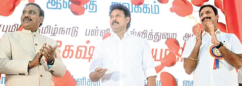 Minister Anbil Mahesh at the inaugural event at Kalaivanar Arangam 