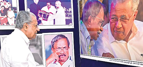 Chief Minister Pinarayi Vijayan views a photo exhibition on M T Vasudevan Nair arranged on the sidelines of the state government’s programme to commemorate the late writer at Tagore Theatre in Thiruvananthapuram on Tuesday 