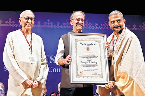 David Shulman confers the Sangita Kalanidhi award on TM Krishna at the 98th conference and concerts of The Music Academy on Wednesday 