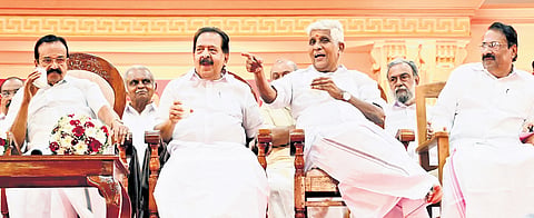 NSS general secretary G Sukumaran Nair, Congress Working Committee member Ramesh Chennithala and others at the venue of Mannam jayanthi celebrations at NSS headquarters at Perunna in Changanassery on Thursday.