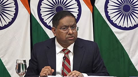 MEA Spokesperson Randhir Jaiswal addresses a press conference in New Delhi, Friday, Jan. 3, 2025.