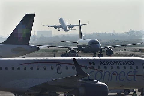 An AeroMexico plane taxis on the tarmac of the Benito Juarez International Airport in Mexico City, May 12, 2022. 
