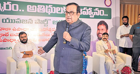 Veteran actor Brahmanandam speaking at an event organised by the BCY Party in Vijayawada on Friday to mark the birth anniversary of Savitribai Phule 