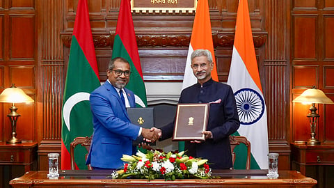 External Affairs Minister S Jaishankar with Minister of Foreign Affairs of Maldives Abdulla Khaleel (Photo | PTI)