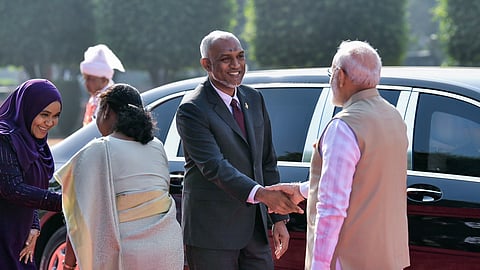 In this photo, from Oct. 7, 2024, President Droupadi Murmu and Prime Minister Narendra Modi receive Maldives President Mohamed Muizzu and First Lady of Maldives, Sajidha Mohamed, at Rashtrapati Bhavan in New Delhi.